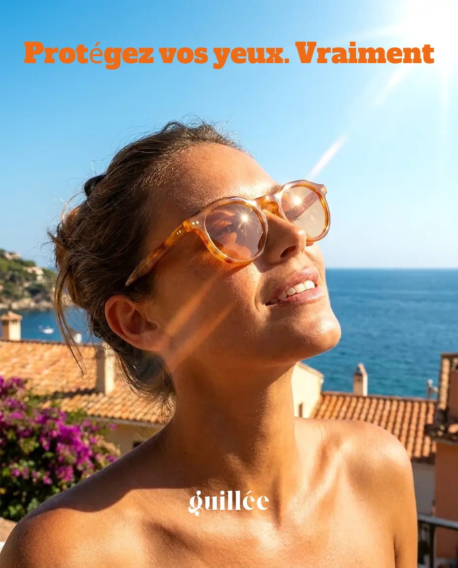 Lunettes de soleil orange EVA GUILLEE portées en plein soleil